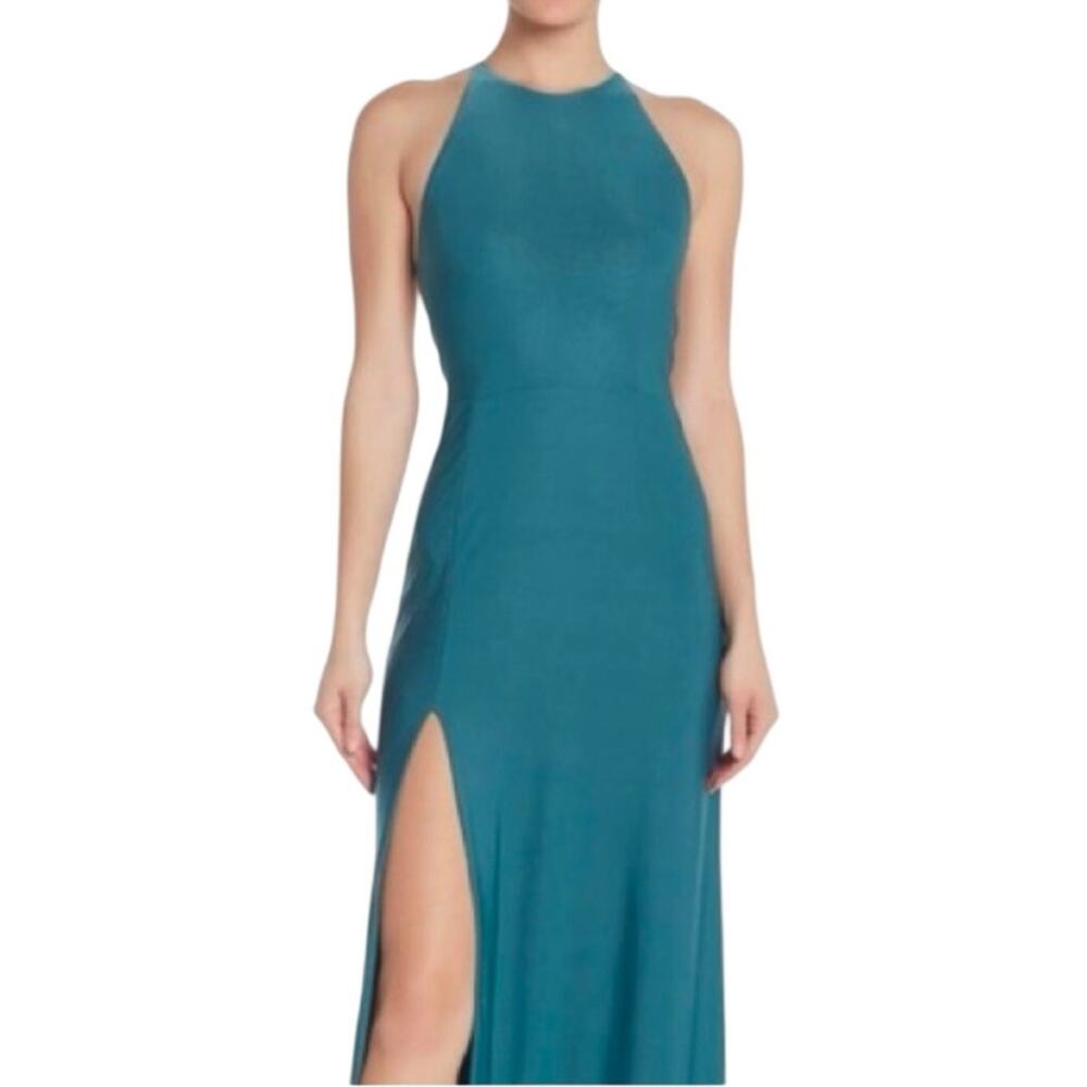 Minimalist Teal Satin Halter Maxi Dress Crisscross Backless Sleek Silky Dress M